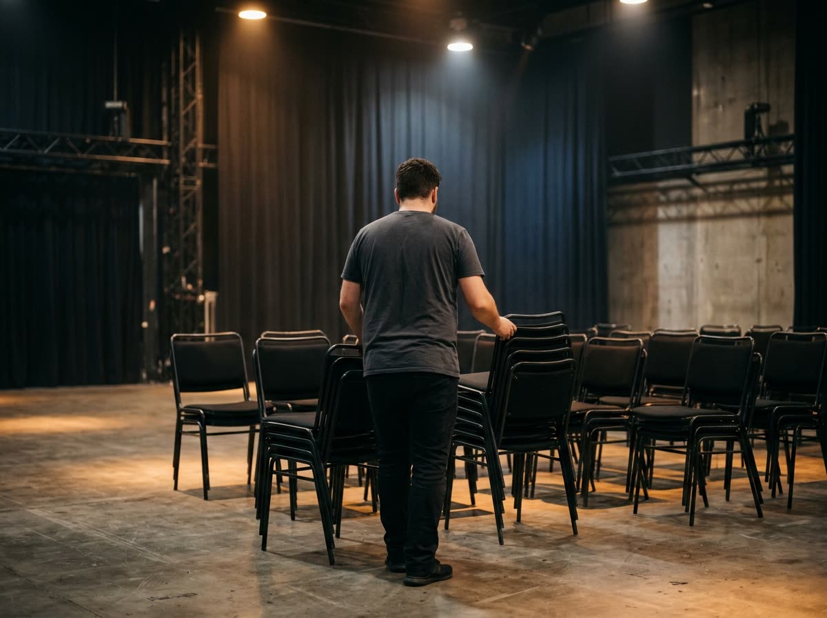 A staff member seen from behind carries stacked chairs across an empty event room floor.