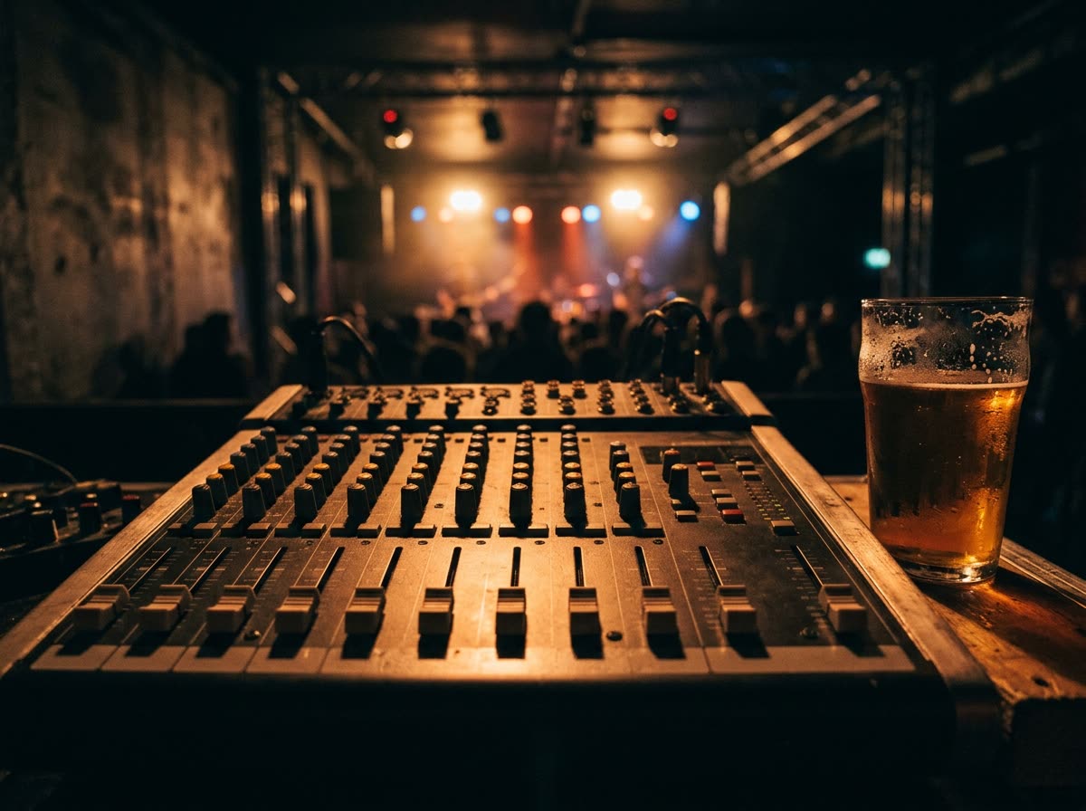 Close view of an audio mixing console's faders and knobs beside a cold beer glass.