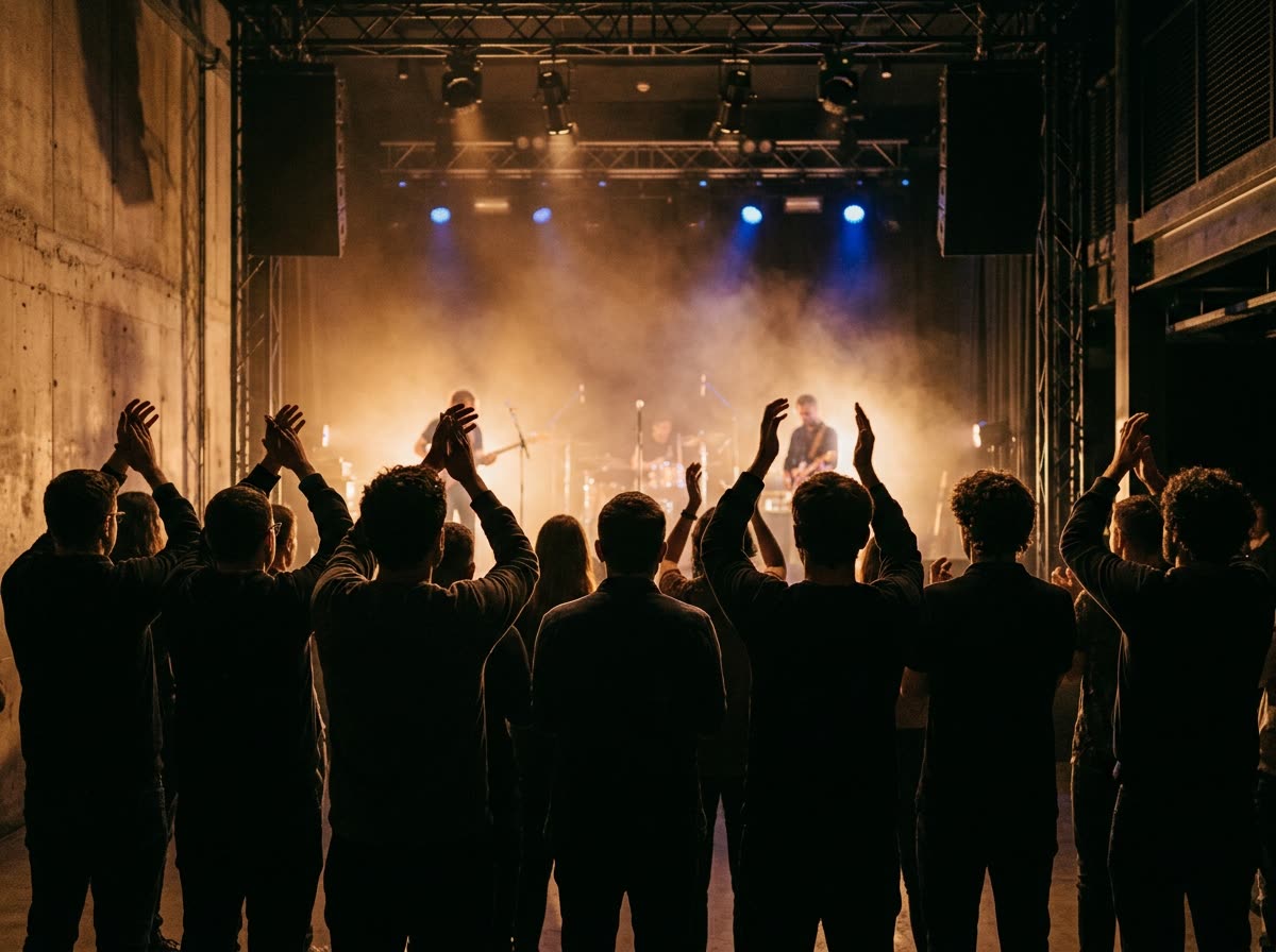 Silhouetted shoulders and raised arms of a small audience facing a brightly lit stage.