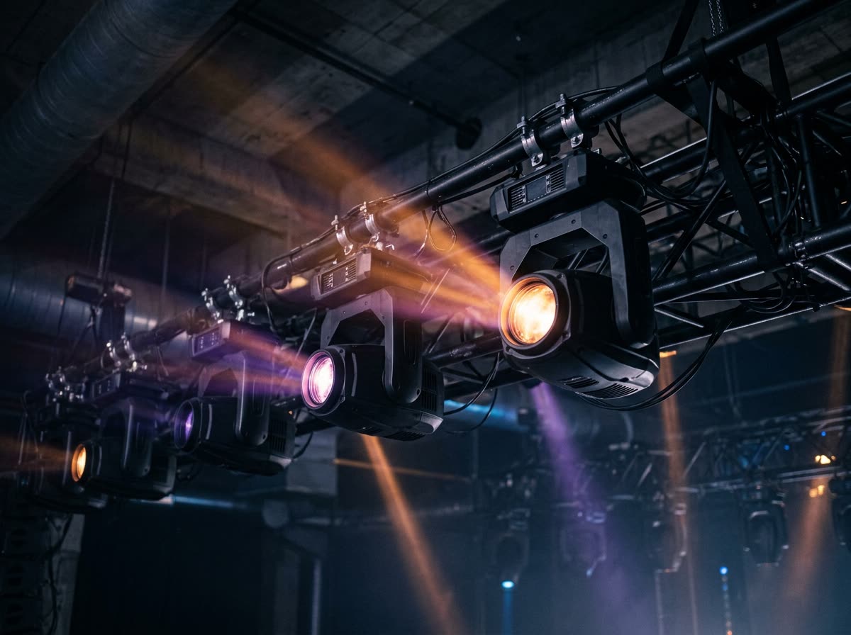 Close view of moving-head stage lights clamped to a black truss, beams cutting through haze.
