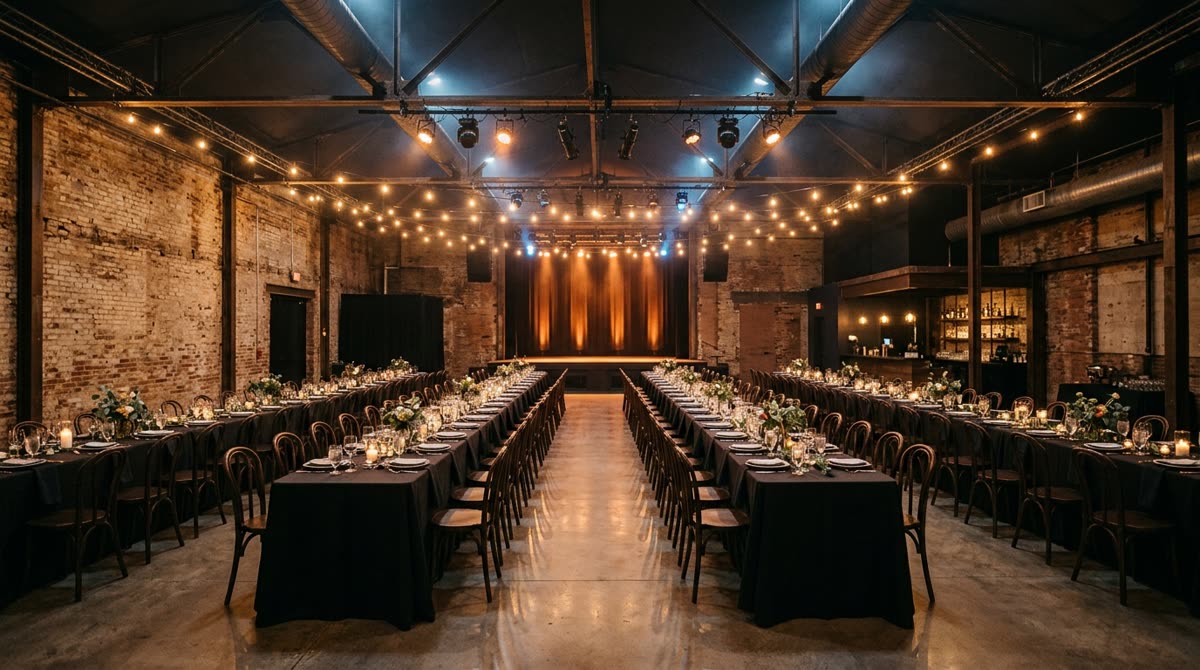 An industrial event room set with long banquet tables under warm string lights.